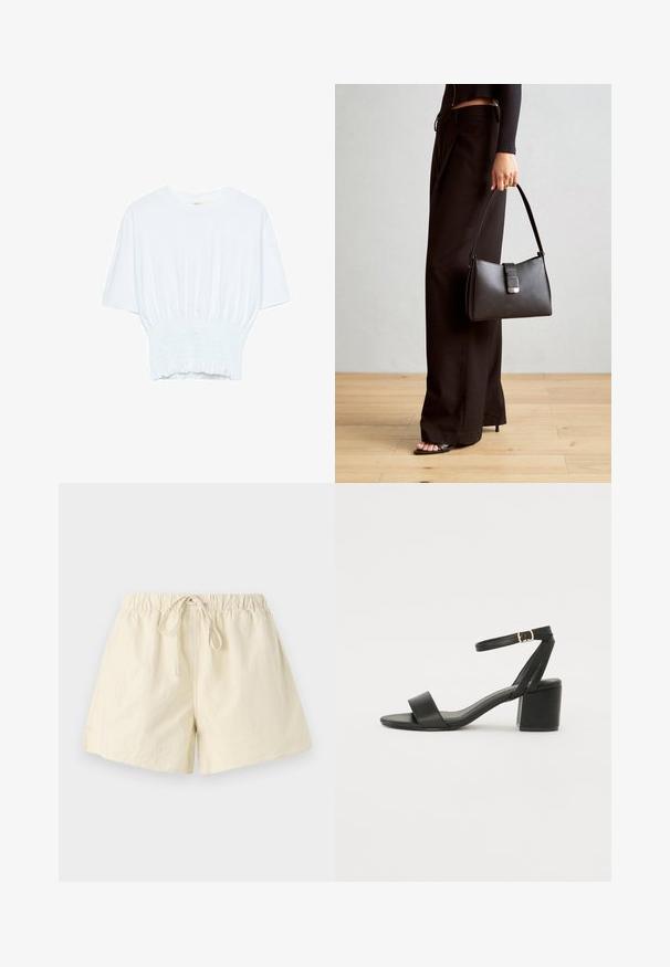 T-shirt blanc à manches courtes avec une coupe décontractée et une texture froncée à la taille. Fabriqué en tissu doux et léger.; Shorts beige à taille élastique avec un cordon de serrage, offrant une coupe décontractée et une texture lisse. Pas de poches visibles ni de motifs.; Sandale à talons noirs avec un dessus en cuir lisse, une ouverture à l'avant, de larges brides avant et une bride de cheville ajustable avec une boucle dorée.; Sac à main noir à la forme structurée, texture lisse et fermoir métallique. Associé à un pantalon noir ample et des sandales ouvertes sur un sol en bois.