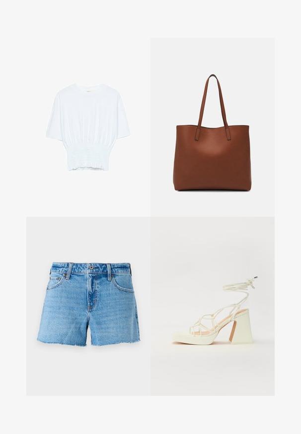 T-shirt blanc à manches courtes avec une coupe décontractée et une texture froncée à la taille. Fabriqué en tissu doux et léger.; Shorts en denim bleu clair, avec un ourlet brut, un design à cinq poches et une fermeture à bouton en laiton. Texture lisse avec un léger effet délavé.; Sandale blanche à talons hauts avec un talon épais, présentant un design à lanières et un lien autour de la cheville. Texture lisse avec une plateforme à l'avant pour une hauteur supplémentaire.; Sac fourre-tout en cuir marron avec une texture lisse, design à ouverture supérieure et deux poignées pour le porter à l'épaule. Présente des coutures minimales et aucun matériel visible.