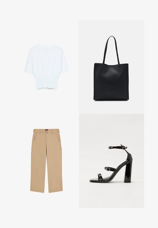 Hvid kortærmet T-shirt med afslappet pasform og smocked tekstur ved taljen. Lavet af blødt, letvægtsstof.; Beige cargo bukser med regular fit, der har sidelommer og knaplukning. Fremstillet af letvægtsstof, der tilbyder alsidighed og komfort.; Sorte patenterede hælsandaler med firkantet tå, ankelremme og sølvspænder. Har en chunky blokHæl for stabilitet.; Sort læder tote taske med glat tekstur, rektangulær form og to lange hanke. Ingen synlig hardware eller udsmykninger.