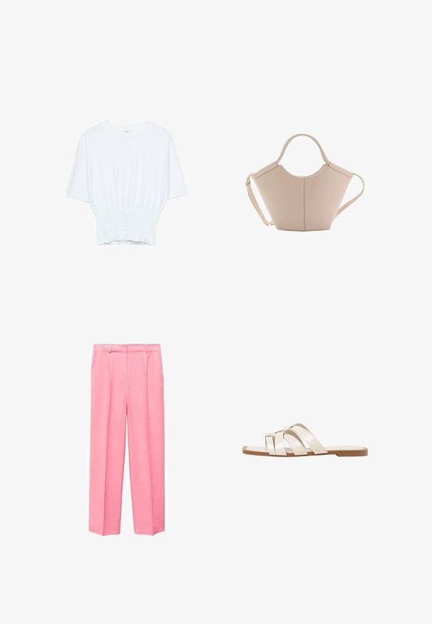 Bijela majica kratkih rukava s opuštenim krojem i nabrano teksturom na struku. Izrađena od mekog, laganog materijala.; Roze hlače ravnog kroja, izrađene od laganog materijala. Imaju ravni prednji dio s nabranim detaljima, petlje za remen i bočne džepove.; Ravne sandale s smeškom od gume, dizajnirane s tri preklapajuće bele kožne trake i malim detaljem mašne u sredini.; Bež kožna torba jedinstvenog oblika, s dva kratka ručka i dugom podesivom trakom. Glatka tekstura s minimalnim metalnim dodacima.