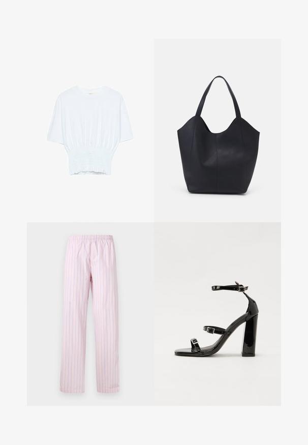 Bijela majica kratkih rukava s opuštenim krojem i nabrano teksturom na struku. Izrađena od mekog, laganog materijala.; Svijetlo ružičaste hlače s vertikalnim plavim prugama, izrađene od glatkog materijala, s elastičnom ušicom u struku i širokim nogavicama.; Crne lakirane sandale na pete sa kvadratnim nosom, trakama oko gležnja i srebrnim kopčama. Imaju čvrst blok petu za stabilnost.; Crna torba od glatke kože, s zakrivljenim otvorenim vrhom, dva remena za rame i minimalističkim dizajnom.