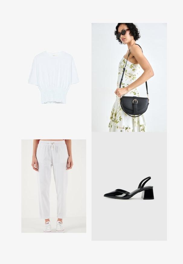 Valkoinen lyhythihainen t-paita, jossa on rento leikkaus ja frillattu tekstuuri vyötäröllä. Valmistettu pehmeästä, kevyestä kankaasta.; Valkoiset puuvillasta valmistetut naruhousut, joissa on elastinen vyötärö, kapenevat nilkat ja kevyt materiaali. Yhdistettynä valkoisiin tennareihin.; Mustat patentoitu nahkakengät, joissa on säären takaosa ja terävä kärki, sekä geometrinen palikkakorko. Sisältää tyylikkään, minimalistisen muotoilun ja sileän pinnan.; Musta nahkainen käsilaukku, joka on kaareva muotoilultaan, irrotettavalla hihnalla ja kultaisilla yksityiskohdilla. Laukussa on läppä, jossa on solk yksityiskohta.