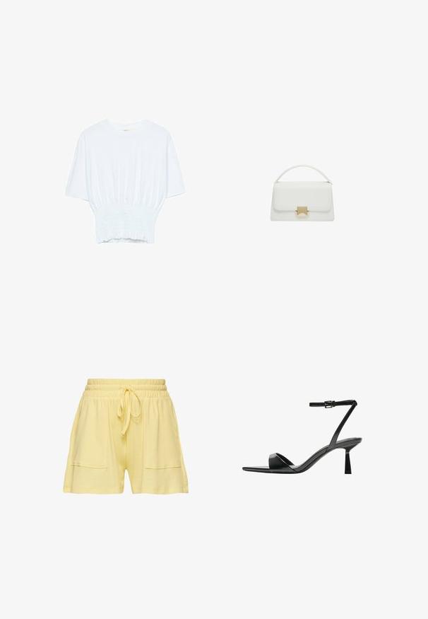 Bela majica s kratkimi rokavi sproščenega kroja in z gubanim materialom na pasu. Narejena iz mehkega, lahkega blaga.; Rumene pletene kratke hlače z elastičnim pasom in vrvico, ki vključujejo dve stranski žepi in teksturirane, rebraste tkanine.; Bershka Sandali z visoko peto - black; Bela usnjena torbica s strukturirano zasnovo, ki ima ročaj na vrhu in zaponko v zlatem tonu. Gladka tekstura in minimalistični detajli.