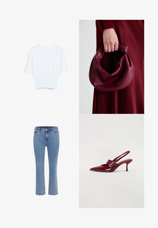 T-shirt bianco a maniche corte con una vestibilità rilassata e una texture smock in vita. Realizzato in tessuto morbido e leggero.; Jeans in denim azzurro chiaro con una vestibilità dritta, caratterizzati da un design puntinato, classico stile a cinque tasche e chiusura a bottone in vita.; Décolleté slingback in vernice rossa con punta affusolata, due cinturini con fibbia e un sottile tacco a stiletto di media altezza. Texture liscia.; Borsa in pelle bordeaux con un design morbido e arricciato e una forma arrotondata. Il manico è fissato, mostrando una texture liscia.