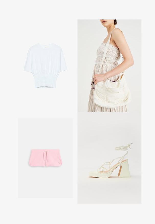 Biela krátka T-shirt s voľným strihom a zlaceným textúrou v oblasti pása. Vyrobená z mäkkého, ľahkého materiálu.; Ružové šortky vyrobené z mäkkej tkaniny, so šnúrkou so striebornými koncami a malým vyšitým logom v pravom dolnom rohu.; Biele sandále na vysokom opätku s hrubým podpätkom, s pruhovaným dizajnom a viazaním na členku. Hladký povrch s platformou vpredu pre zvýšenú výšku.; Biela látková kabelka cez rameno so zhrnutou textúrou, nastaviteľným popruhom a striebornými detailmi. Zobrazená vedľa krémových šiat.