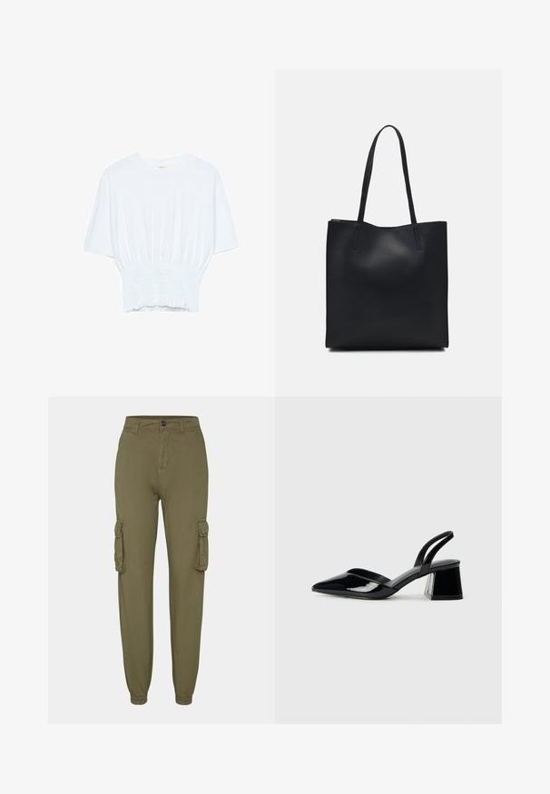 Vit kortärmad t-shirt med avslappnad passform och smockad textur vid midjan. Tillverkad av mjukt, lätt material.; Olivgrön cargo-byxor i mjukt tyg, med två sidfickor, elastiska muddarna och en framknapp.; Svarta lackläder slingback klackar med spetsig tå och geometrisk klack. Har en elegant, minimalistisk design och slät yta.; Svart lädertoffelväska med slät textur, rektangulär form och två långa handtag. Ingen synlig hårdvara eller dekorationer.