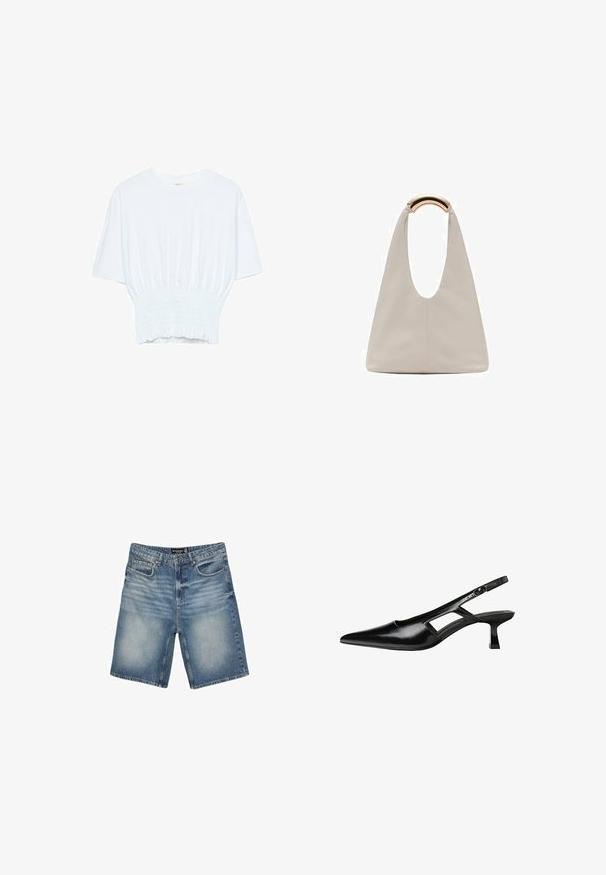 Bijela majica kratkih rukava s opuštenim krojem i nabrano teksturom na struku. Izrađena od mekog, laganog materijala.; Svijetloplave traper kratke hlače s pojasom s petljama za remen, pet džepova i blago izblijeđenim završetkom za efekat nosenosti.; Crne lakirane natikače na remenčić sa špicastim nosom, dizajnom sa izrezima sa strane i malim kvadratnim potplatom. Glatka tekstura s minimalnim akcentima.; Svijetlosivi kožni torba s oblikom u slovo U i zakrivljenim metalnim drškom. Glatka tekstura s minimalnim šavovima i bez vidljivih uzoraka.