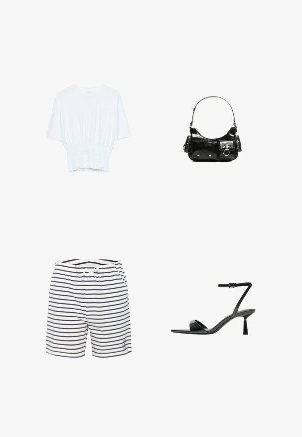 Bela majica s kratkimi rokavi sproščenega kroja in z gubanim materialom na pasu. Narejena iz mehkega, lahkega blaga.; Črtaste kopalne hlače v beli in mornarsko modri barvi, z elastičnim pasom in vrvico ter majhnim logotipom na spodnjem sprednjem delu.; Bershka Sandali z visoko peto - black; Črna lakasta usnjena torbica s ukrivljeno obliko, enim ramenskim trakom, sprednjimi žepi in srebrnimi kovinskimi dodatki.