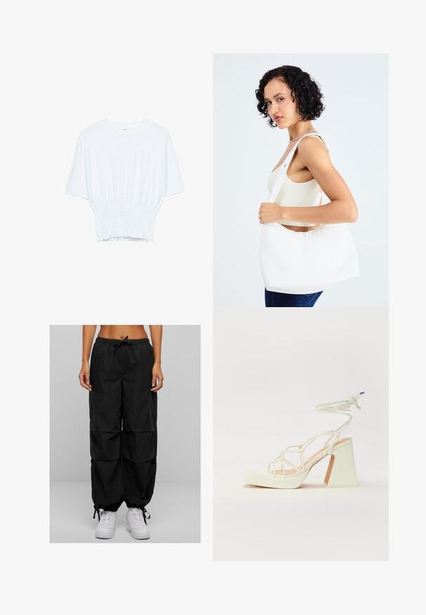 Biała koszulka z krótkim rękawem o luźnym kroju i marszczonym wykończeniu w talii. Wykonana z miękkiego, lekkiego materiału.; Czarne spodnie cargo mają elastyczny pasek w talii, luźny krój i wiele kieszeni. Materiał wydaje się lekki o matowej teksturze. W połączeniu z białymi sneakersami.; Biała sandał na wysokim obcasie z masywnym słupkiem, z paskowym wzorem i wiązaniem przy kostce. Gładka faktura z platformą z przodu dla dodatkowej wysokości.; Biała torba na ramię wykonana z gładkiego materiału, z owalnym wycięciem i szerokim paskiem. Prosta i nowoczesna, bez widocznych elementów ozdobnych.