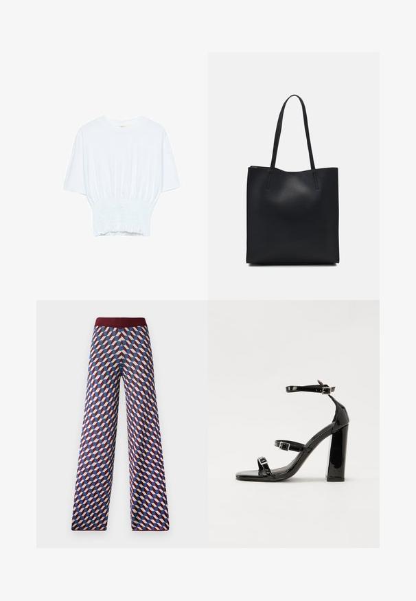 Biela krátka T-shirt s voľným strihom a zlaceným textúrou v oblasti pása. Vyrobená z mäkkého, ľahkého materiálu.; Široké nohavice s vzorom a vínovočerveným pásom, s geometrickým dizajnom v červenej, modrej a krémovej farbe, tkaninová textúra.; Čierne lakované sandále na podpätku so štvorcovou špičkou, navlečenými remienkami okolo členku a striebornými prackami. Disponujú masívnym blokovým podpätkom pre stabilitu.; Čierna kožená taška na rameno s hladkým povrchom, obdĺžnikovým tvarom a dvoma dlhými uchami. Bez viditeľného kovania alebo ozdôb.