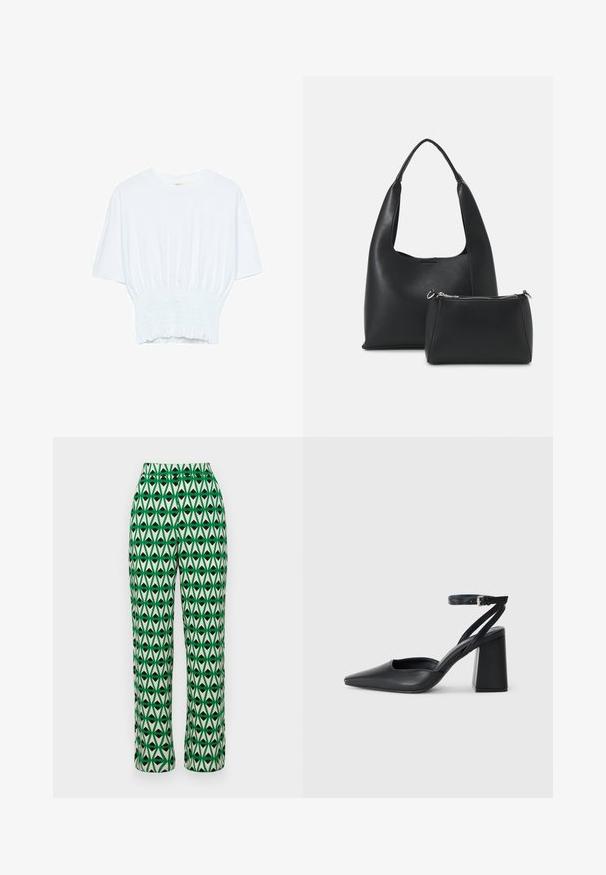 Valkoinen lyhythihainen t-paita, jossa on rento leikkaus ja frillattu tekstuuri vyötäröllä. Valmistettu pehmeästä, kevyestä kankaasta.; Vihreät ja kermaasit leveät housut, joissa on musta toistuva geometrinen lehväkuvio. Valmistettu kevyestä kankaasta, jossa on sileä rakenne.; Mustat nahkakengät, joissa on kapea kärki, nilkkaremmi ja paksu korko. Tasainen pinta, tyylikäs muotoilu ja minimalistinen estetiikka.; Even&Odd Käsilaukku - black