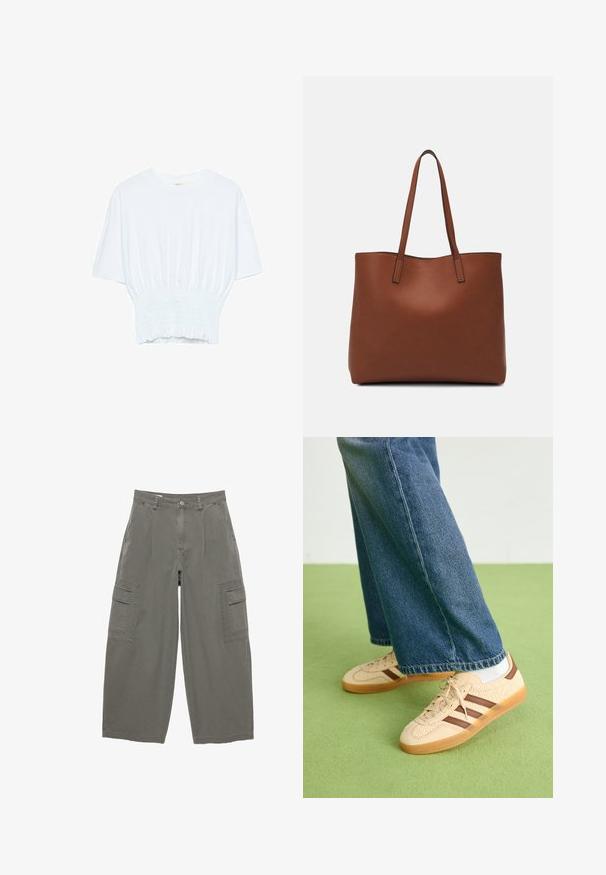 T-shirt bianco a maniche corte con una vestibilità rilassata e una texture smock in vita. Realizzato in tessuto morbido e leggero.; Pantaloni cargo in tessuto verde oliva, con gambe ampie, tasche frontali e due tasche laterali cargo con patta. Materiale in cotone testurizzato.; Sneakers beige con pannelli texturizzati crema e strisce marroni, abbinati a jeans in denim blu. I jeans hanno un taglio largo e orlo sfilacciato.; Borsa tote in pelle marrone con texture liscia, design con apertura superiore e due spallacci. Presenta cuciture minime e nessun hardware visibile.