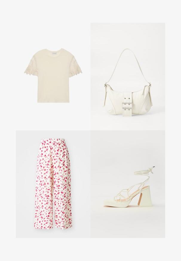 Kreemikas T-särk lühikeste varrukatega, millel on keerukad beežid heegeldatud pitsilised detailid. Pehme puuvillane kangas, ümar kaelus, lõdva lõikega.; Pleated laiad püksid valgest kangast, millel on lilleline muster roosa ja punaste lilledega. Mugavuse tagamiseks elastne vöökoht.; Valged kõrge kontsaga sandaalid, millel on paks konts ja rihmadega disain koos pahkluu sidumisega. Sile tekstuur ja platvorm ees, et lisada kõrgust.; Valge õlakott tekstuuriga viimistlusega, keskel kinnitatud pandlaga ja kõverate kujunditega. Tõmblukuga kinnitused mõlemal küljel.; Hõbedane kahekordne rõngas sujuva, poleeritud pinnaga. Omab voolavat, kõverat disaini, millel on kattuvad sektsioonid, et saavutada kaasaegne ilme.; Hõbedane kahekordne rõngas sujuva, poleeritud pinnaga. Omab voolavat, kõverat disaini, millel on kattuvad sektsioonid, et saavutada kaasaegne ilme.