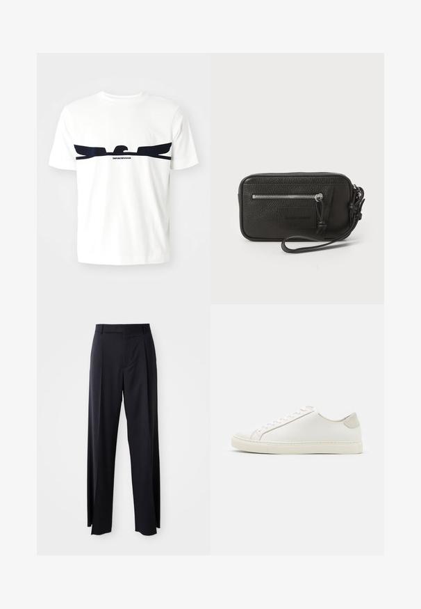 White cotton t-shirt featuring a navy blue eagle graphic and "EMPORIO ARMANI" text below the design. Short sleeves and a crew neck.; Black, high-waisted trousers with a wide-leg cut, made of smooth fabric. Features front pleats and belt loops. Minimalistic design, no visible hardware.; White leather sneaker with a smooth surface, round toe, and minimalistic design. Features beige accents on the heel and a rubber sole.; Black leather clutch with textured surface, front zip pocket, and detachable wrist strap. Features a logo patch on the front. Rectangular shape.