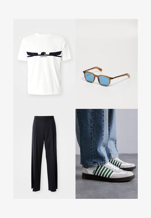 Maglietta in cotone bianco con grafica di un'aquila blu navy e il testo "EMPORIO ARMANI" sotto il design. Maniche corte e collo rotondo.; Pantaloni neri a vita alta con gamba larga, realizzati in tessuto liscio. Presentano pieghe frontali e passanti per cintura. Design minimalista, senza hardware visibile.; Sneaker bianco e verde realizzato in suede e pelle, con strisce verdi, lacci bianchi e suola in gomma. Abbinato a jeans blu.; Occhiali da sole con montatura in plastica marrone e lenti blu, forma quadrata, stecche sottili, dettagli testurizzati sulle tempie e un finish lucido.