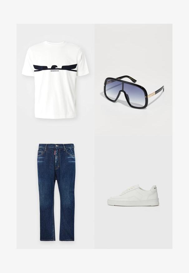 White cotton t-shirt featuring a navy blue eagle graphic and "EMPORIO ARMANI" text below the design. Short sleeves and a crew neck.; Dark blue denim jeans with a straight-leg fit, featuring light fading, yellow stitching, front pockets, and a button closure.; White leather sneaker with a smooth finish, round toe, flat laces, and a textured sole. Features a subtle logo on the heel.; Oversized black sunglasses with a gradient purple lens, glossy finish, and gold accents on the temple. Rectangular frame shape.