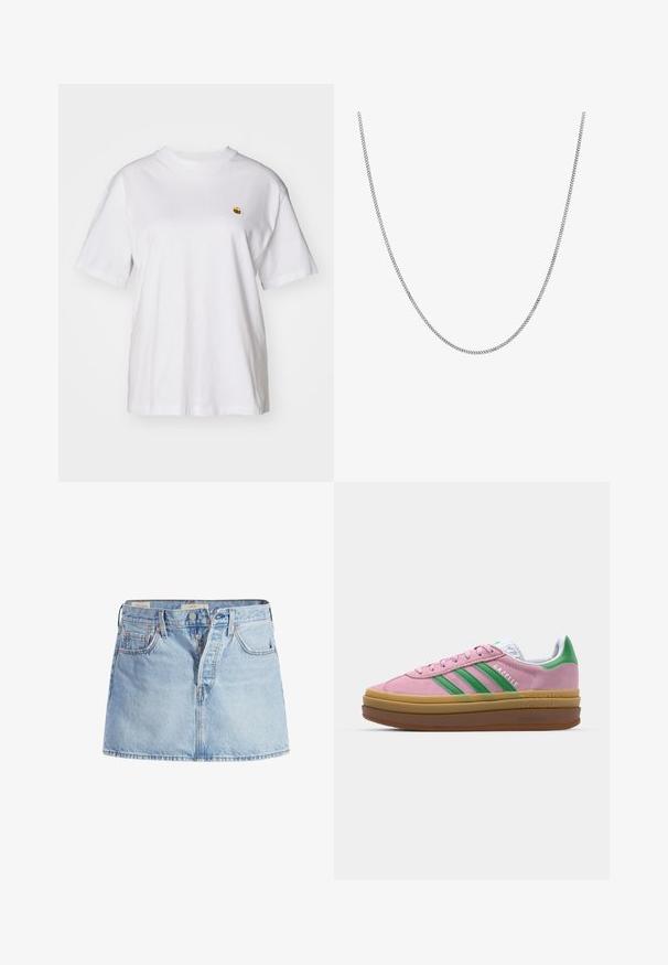 Bílý bavlněný tričko s volným střihem, krátkými rukávy a malým vyšívaným logem na levé části hrudi.; Světle modrá džínsová sukně s přiléhavým pasem, pětipocketovým designem, předním zapínáním na knoflíky a jemným blednutím na celé látce.; Růžové semišové tenisky se zelenými pruhy, bílými akcenty a hnědou gumovou podrážkou. Mají strukturovanou tkaninu a detail s logem na boku.; Stříbrný řetízek náhrdelník s hladkým, kulatým plochým designem článků. Má lesklý povrch a měří přibližně 50 centimetrů.