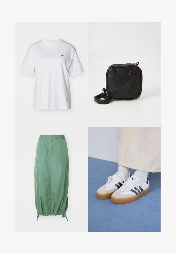 Valkoinen puuvillapaita rentoa istuvuutta, lyhyet hihat ja pieni kirjailtu logo vasemmassa rinta-alueessa.; Carhartt WIP CARGO SKIRT - A-linjainen hame - duck green rinsed; Valkoiset tennis kengät, joissa on mustia raitoja ja vaaleanruskeita mokka-yksityiskohtia. Varustettuna textuurilla varustetulla kumipohjalla ja tasaisilla valkoisilla kengännauhoilla, käytetään vaaleiden sukkien kanssa.; Mustikka neliö muotoinen olkalaukku, joka on valmistettu teksturoidusta synteettisestä materiaalista. Varustettu kohotetulla logolla ja säädettävällä hihnalla. Vetoketjukiinnitys.