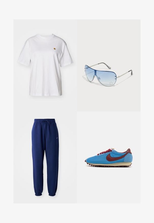 White cotton t-shirt with a relaxed fit, short sleeves, and a small embroidered logo on the left chest area.; Navy blue sweatpants made of soft fabric, featuring an elastic waistband with drawstring, elastic cuffs, and a small white logo.; Blue mesh and suede sneaker with maroon accents and laces. Features a textured upper and a cream rubber sole with small studs.; Aviator sunglasses featuring a gradient blue lens, silver metal frame, and decorative star accents on the lens. Smooth and sleek design.