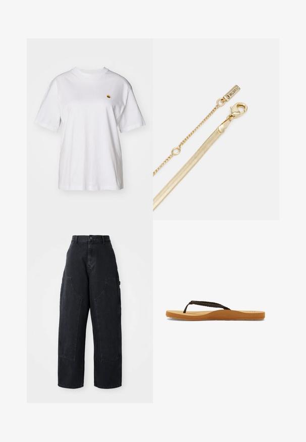 Bela bombažna majica s sproščenim krojem, kratkimi rokavi in majhnim vezenim logotipom na levi strani prsnega predela.; Črne široke kavbojke iz denima s visokim pasom, dvema velikima sprednjima žepoma in gumbom za zapiranje na pasu. Gladka tekstura, sproščen dizajn.; Rjavi pleteni trakasti japonki z mehkimi podplati in svetlo rjavim podplatom, ki ima zaobljeno obliko in teksturiran gumijast podplat za oprijem.; Zlato obarvana veriga z zaponko v obliki jastreba in majhno oznako z napisom "PILGRIM." Ima gladko, strukturirano površino in eleganten, podolgovat dizajn.