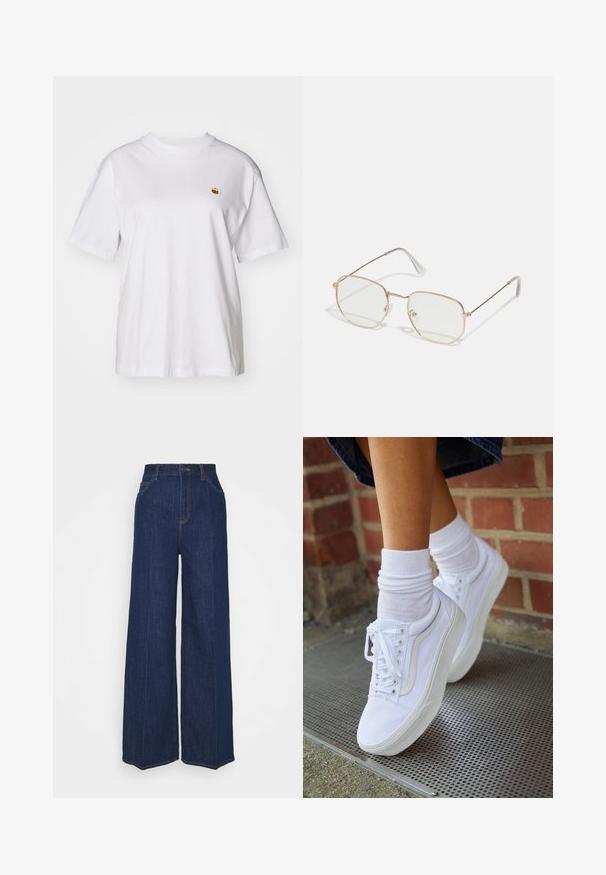 Balta medvilnė marškinėliai su laisvu sijonu, trumpomis rankovėmis ir maža siuvinėta logo kairėje krūtinės pusėje.; Aukštai juosmens, plačių kojų tamsiai mėlyni džinsai su priekinių ir galinių kišenių, mygtuko uždarymu ir matomais siuvimo detalėmis.; Baltos drobės sportbačiai su guminiais padais, turintys šešis užsegimus, apvalią nosį ir šviesias siūles, derinami su baltomis kulkšnies kojinėmis.; Stačiakampiai akinių rėmeliai su plonu, rožiniu auksu dengtu metaliniu rėmu. Skaidrus lęšiai, skaidrūs šventyklos galiukai ir subtilūs dekoratyviniai elementai aplink lęšius.