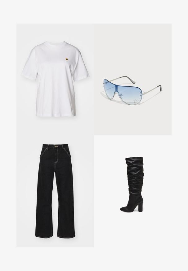 Fehér pamut póló laza szabással, rövid ujjakkal és egy kis hímzett logóval a bal mellrészén.; Fekete, széles szárú farmernadrág, kontrasztos fehér varrással és elülső gombos záródással, két ferde elülső zsebbel.; Fekete, térdég érő csizma, texturált bőrből, laza kialakítással és hegyes orral, vastag tömbtalppal.; Pilóta napszemüveg, melynek áttetsző kék lencséje, ezüst fém kerete és díszes csillag díszítések találhatók a lencsén. Simogató és elegáns dizájn.