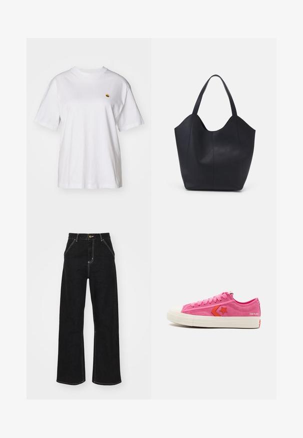 White cotton t-shirt with a relaxed fit, short sleeves, and a small embroidered logo on the left chest area.; Black wide-leg jeans made of denim, featuring contrasting white stitching and a front button closure, with two angled front pockets.; Converse STAR PLAYER 76 - Trainers - pink; Black tote bag made of smooth leather, featuring a curved, open top with two shoulder straps and a minimalist design.