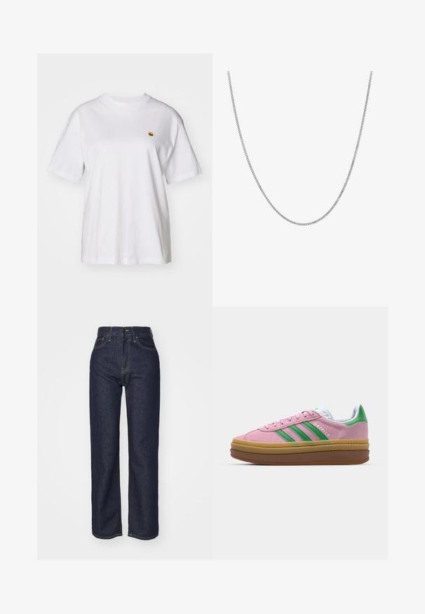 Bílý bavlněný tričko s volným střihem, krátkými rukávy a malým vyšívaným logem na levé části hrudi.; Tmavě modré džíny s vysokým pasem, rovný střih nohavic, viditelné švy, pět kapes a přední zapínání na knoflík.; Růžové semišové tenisky se zelenými pruhy, bílými akcenty a hnědou gumovou podrážkou. Mají strukturovanou tkaninu a detail s logem na boku.; Stříbrný řetízek náhrdelník s hladkým, kulatým plochým designem článků. Má lesklý povrch a měří přibližně 50 centimetrů.