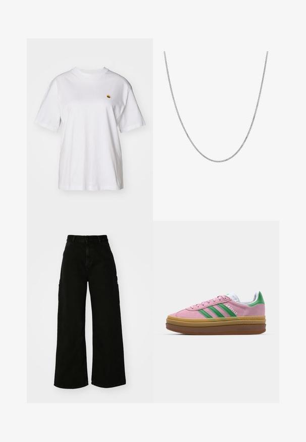 Valge puuvillane T-särk, millel on lõdva lõikega, lühikesed varrukad ja väike broderi logo vasakul rinnakarpi.; Must musta laiad jõhkrad püksid, mis on valmistatud denimist, kõrge vöökoha, esise nupu sulgemise ja küljetaskutega. Sile tekstuur minimaalse õmblusega.; Roosa nahast tossud roheliste triipude, valgete aktsentide ja pruuni kummitaldiga. Omavad tekstuuriga kangast ja logo detaile külgedel.; Hõbedane kettkaelakee sujuva, ümmarguse lame lingikujundusega. Omab läikivat viimistlust ja mõõdab ligikaudu 20 tolli pikkust.