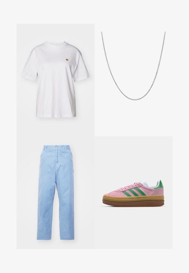 White cotton t-shirt with a relaxed fit, short sleeves, and a small embroidered logo on the left chest area.; Light blue denim trousers with a straight leg design, button closure, and front pockets. Fabric has a subtle texture with a smooth finish.; Pink suede sneakers with green stripes, white accents, and a brown rubber sole. Features textured fabric and logo detailing on the side.; Silver chain necklace with a smooth, round flat link design. Features a shiny finish and measures approximately 20 inches in length.