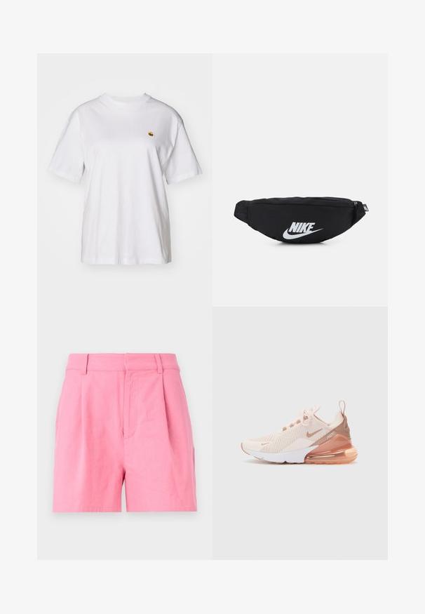Tricou alb din bumbac cu o croială lejeră, mâneci scurte și un mic logo brodat în zona stângă a pieptului.; Shorts roz din bumbac, cu o textură fină, prezentând pliuri, un tiv și buzunare laterale pentru o funcționalitate suplimentară.; Tenis de atletism roz deschis cu un superior texturat, panouri din plasă și o unitate de amortizare vizibilă în talpă. Accente albe și piersici sunt prezente.; Rucsac fanny din nylon negru cu închidere cu fermoar, având un logo mare alb Nike. Textură netedă și design ergonomic pentru o purtare confortabilă.