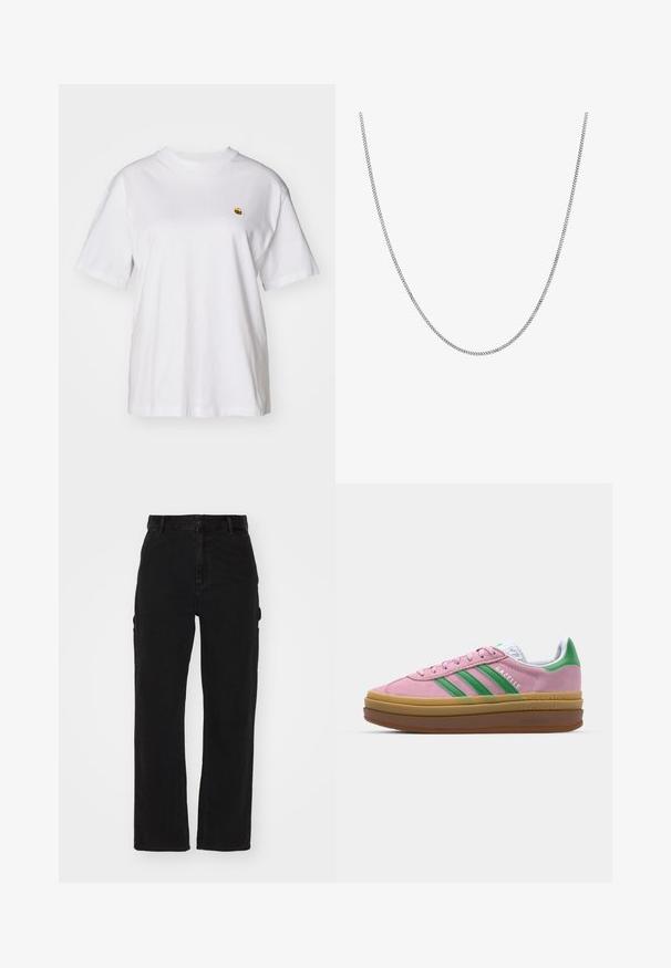 Camisa de algodón blanca con corte relajado, mangas cortas y un pequeño logotipo bordado en el área del pecho izquierdo.; Pantalones cargo negros de mezclilla, con un diseño de pierna recta, bolsillos laterales y cierre de botón en la cinturilla.; Zapatillas de ante rosa con rayas verdes, acentos blancos y una suela de goma marrón. Presentan un tejido texturizado y detalles del logo en el costado.; Collar de cadena de plata con un diseño de eslabones planos, redondos y lisos. Presenta un acabado brillante y mide aproximadamente 20 pulgadas de largo.