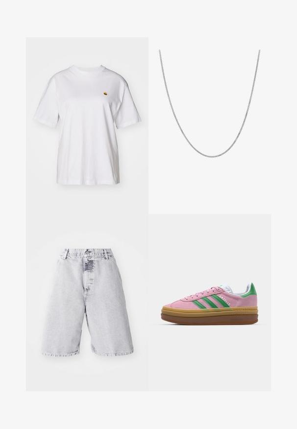 Fehér pamut póló laza szabással, rövid ujjakkal és egy kis hímzett logóval a bal mellrészén.; Világosszürke farmer sort, elhalványult textúrával. Gombbal és cipzárral záródik, övhurkokkal és egyenes láb kialakítással rendelkezik.; Rózsaszín zamákból készült sportcipő zöld csíkokkal, fehér díszítéssel és barna gumi talppal. Texturált anyaggal és logóval ellátott részletekkel az oldalon.; Ez egy ezüst lánc nyaklánc, sima, kerek, lapos láncszemekkel. Csillogó felülettel rendelkezik és hozzávetőlegesen 20 hüvelyk hosszú.