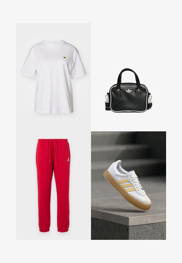 Bijela pamučna majica s opuštenim krojem, kratkim rukavima i malim izvezenim logom na lijevoj strani prsnog dela.; Crvene pamučne trenirke s elastičnim pojasom i vezicom, elastičnim manžetama i bijelim logotipom na lijevom bedrima. Glatka tekstura, regularni kroj.; Bijela kožna tenisica sa žutim detaljima, tri pruge i đonom od gumene gume. Ima zaobljeni vrh i teksturirani jezik.; Crna kožna torba s dva kratka ručka, srebrnim detaljima, bijelim naglascima i bijelim logotipom. Ima teksturiranu površinu i kompaktni dizajn.