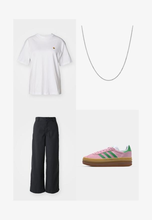 White cotton t-shirt with a relaxed fit, short sleeves, and a small embroidered logo on the left chest area.; Black wide-leg pants made of smooth fabric, featuring a button closure and side pockets, with a clean-cut design and tailored silhouette.; Pink suede sneakers with green stripes, white accents, and a brown rubber sole. Features textured fabric and logo detailing on the side.; Silver chain necklace with a smooth, round flat link design. Features a shiny finish and measures approximately 20 inches in length.