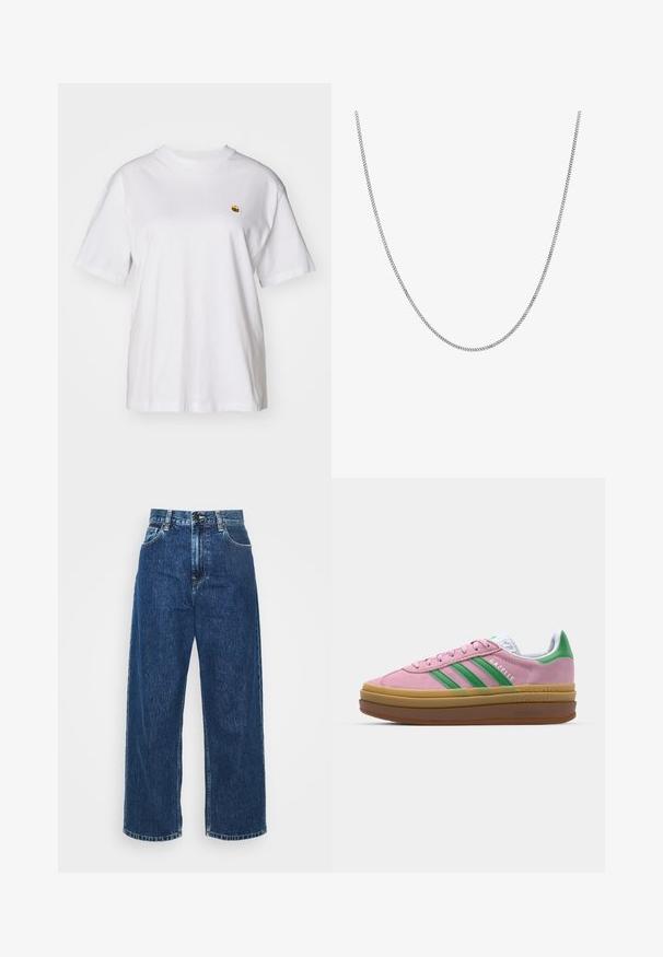 T-shirt branca de algodão com um corte descontraído, mangas curtas e um pequeno logótipo bordado na área do peito esquerdo.; Jeans de ganga azul claro, de perna larga, com cintura alta, costura visível e bolsos normais. Apresenta um fecho com botão e zíper.; Ténis de camurça rosa com riscas verdes, detalhes brancos e sola de borracha castanha. Apresenta tecido texturizado e detalhes de logótipo na lateral.; Colar de corrente de prata com um design de elos planos, redondos e suaves. Apresenta um acabamento brilhante e mede aproximadamente 20 polegadas de comprimento.