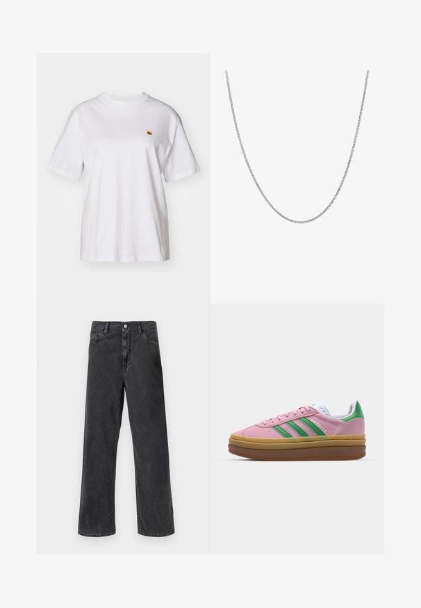 T-shirt en coton blanc avec une coupe décontractée, des manches courtes et un petit logo brodé sur la poitrine gauche.; Jean noir en denim avec une coupe droite, doté d'une fermeture à bouton en métal, de cinq poches et de coutures visibles. Texture lisse et couleur sobre.; Baskets en daim rose avec des rayures vertes, des accents blancs et une semelle en caoutchouc brun. Comportent un tissu texturé et un détail de logo sur le côté.; Collier en chaîne en argent avec un design de maillons plats ronds et lisses. Présente une finition brillante et mesure environ 50 cm de longueur.