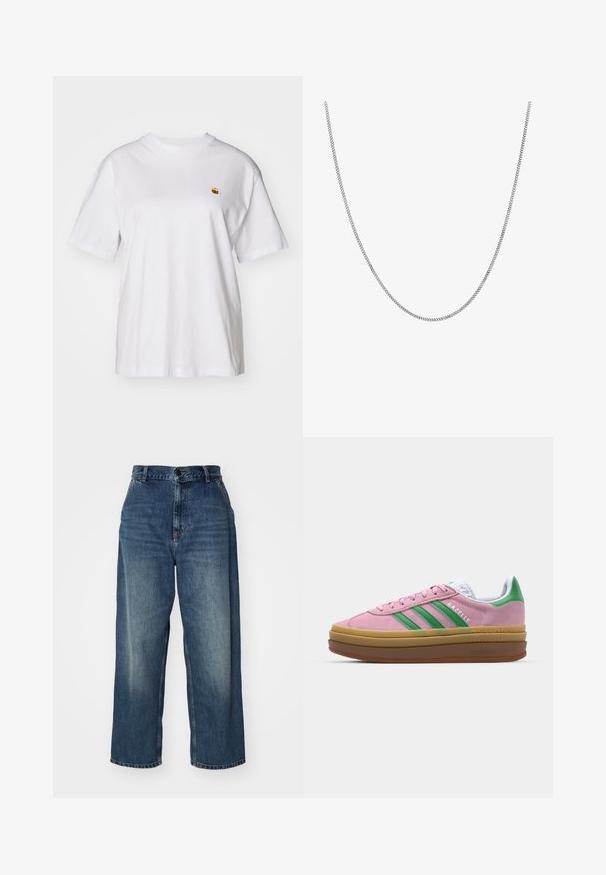 White cotton t-shirt with a relaxed fit, short sleeves, and a small embroidered logo on the left chest area.; Blue denim wide-leg jeans with a high waist, featuring a button closure, belt loops, and fading over the thighs. Straight-cut leg openings.; Pink suede sneakers with green stripes, white accents, and a brown rubber sole. Features textured fabric and logo detailing on the side.; Silver chain necklace with a smooth, round flat link design. Features a shiny finish and measures approximately 20 inches in length.