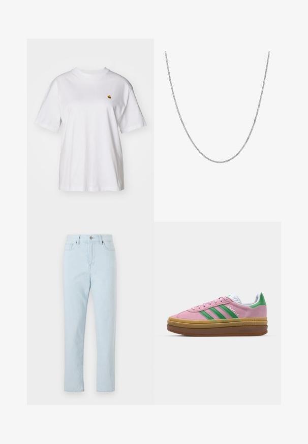 Hvit bomulls t-skjorte med avslappet passform, korte ermer og en liten brodert logo på venstre brystområde.; Høyt liv, lyseblå, rette jeans med frontlommer, belteslynger, knappelukking og synlig søm nedover bena.; Rosa semskede sneakers med grønne striper, hvite detaljer og en brun gummisåle. Har teksturert stoff og logodetaljer på siden.; Sølvkjede med en jevn, rund flat lenkedesign. Har en blank overflate og måler omtrent 50 cm i lengde.