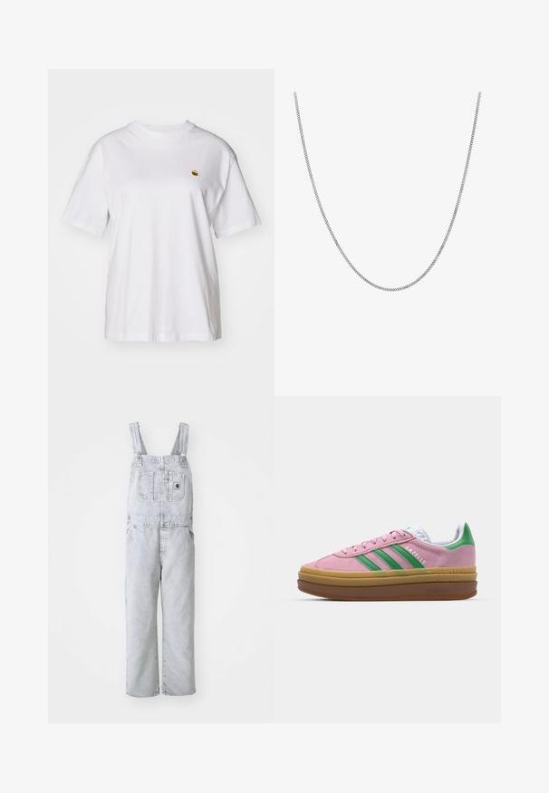 White cotton t-shirt with a relaxed fit, short sleeves, and a small embroidered logo on the left chest area.; Gray denim overalls with adjustable straps, a front pocket, and side pockets; loose, straight-leg design; faded wash with minimal texture.; Pink suede sneakers with green stripes, white accents, and a brown rubber sole. Features textured fabric and logo detailing on the side.; Silver chain necklace with a smooth, round flat link design. Features a shiny finish and measures approximately 20 inches in length.