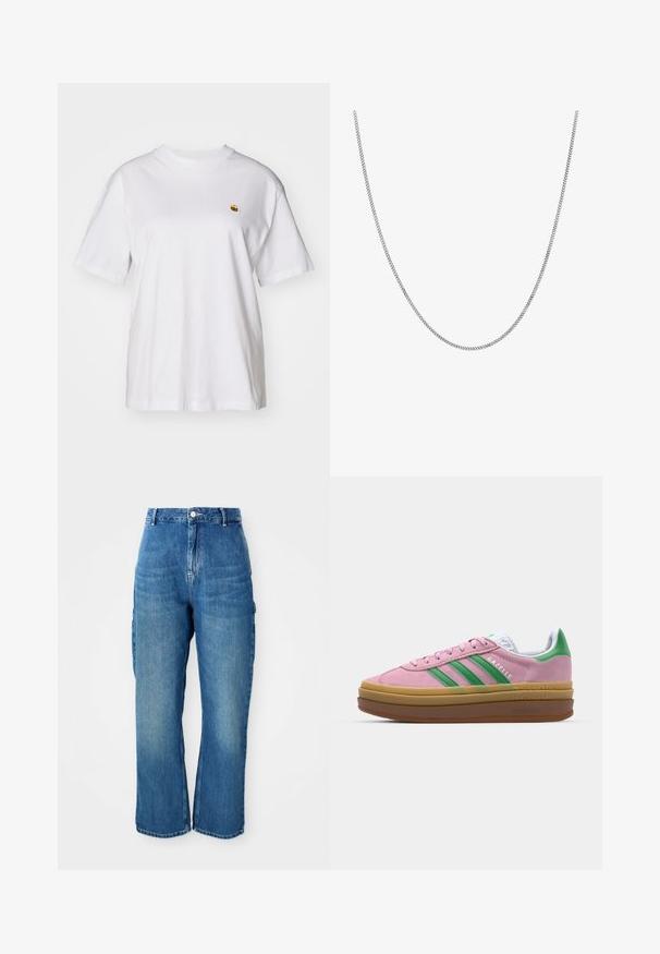 Valge puuvillane T-särk, millel on lõdva lõikega, lühikesed varrukad ja väike broderi logo vasakul rinnakarpi.; Kõrge vöökohaga sirged sinised teksapüksid, millel on eesnupp, lukukinnitus ja külgmised cargo taskud valge tausta vastu.; Roosa nahast tossud roheliste triipude, valgete aktsentide ja pruuni kummitaldiga. Omavad tekstuuriga kangast ja logo detaile külgedel.; Hõbedane kettkaelakee sujuva, ümmarguse lame lingikujundusega. Omab läikivat viimistlust ja mõõdab ligikaudu 20 tolli pikkust.