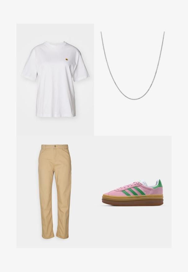 Hvit bomulls t-skjorte med avslappet passform, korte ermer og en liten brodert logo på venstre brystområde.; Carhartt WIP PIERCE PANT - Bukse - tan; Rosa semskede sneakers med grønne striper, hvite detaljer og en brun gummisåle. Har teksturert stoff og logodetaljer på siden.; Sølvkjede med en jevn, rund flat lenkedesign. Har en blank overflate og måler omtrent 50 cm i lengde.