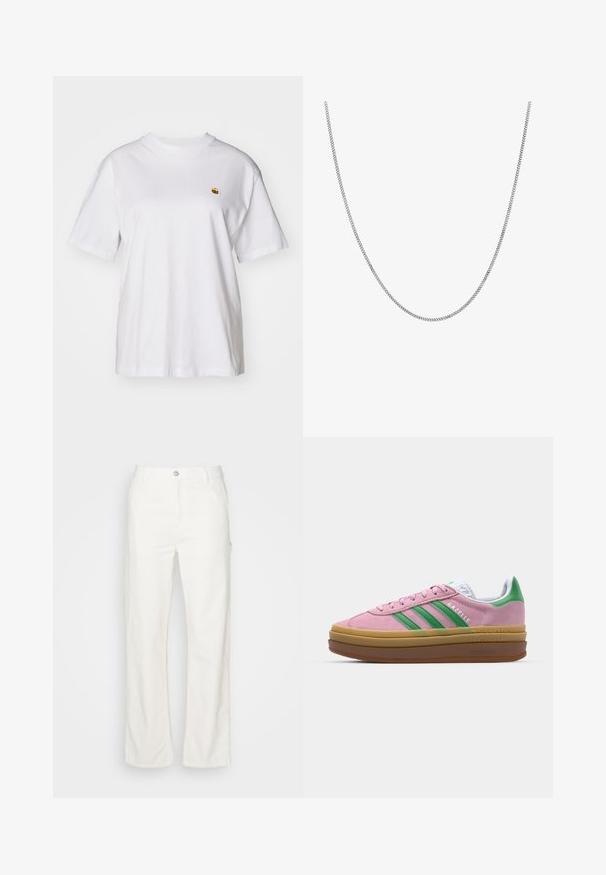 White cotton t-shirt with a relaxed fit, short sleeves, and a small embroidered logo on the left chest area.; White cotton straight-leg pants with a front button closure, belt loops, and side pockets. Smooth texture with no visible patterns.; Pink suede sneakers with green stripes, white accents, and a brown rubber sole. Features textured fabric and logo detailing on the side.; Silver chain necklace with a smooth, round flat link design. Features a shiny finish and measures approximately 20 inches in length.