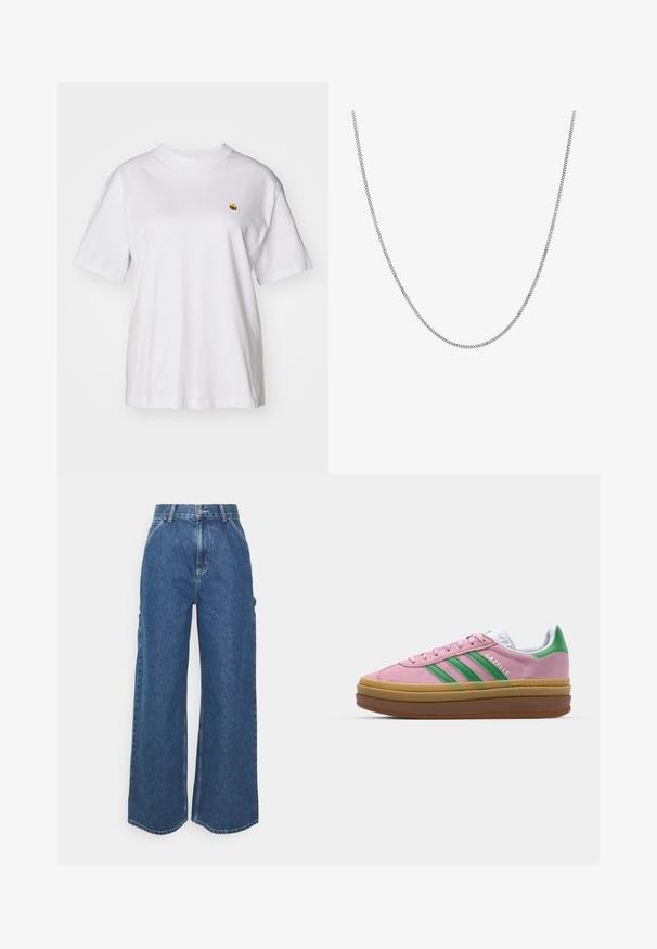 T-shirt branca de algodão com um corte descontraído, mangas curtas e um pequeno logótipo bordado na área do peito esquerdo.; Calças de ganga azuis de perna larga com cintura alta, costuras em contraste e bolsos laterais, apresentando um design clássico de cinco bolsos e bainhas desfiadas.; Ténis de camurça rosa com riscas verdes, detalhes brancos e sola de borracha castanha. Apresenta tecido texturizado e detalhes de logótipo na lateral.; Colar de corrente de prata com um design de elos planos, redondos e suaves. Apresenta um acabamento brilhante e mede aproximadamente 20 polegadas de comprimento.