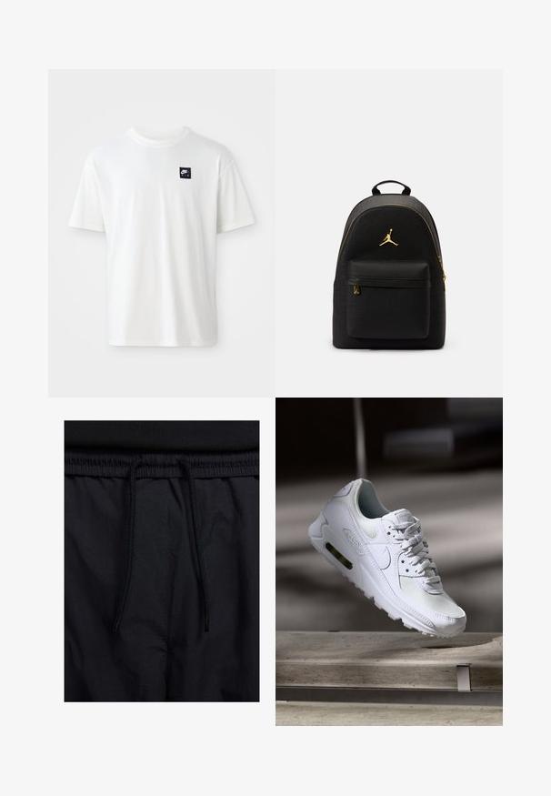 T-shirt branca em algodão com mangas curtas e decote redondo; apresenta um pequeno logótipo retangular preto da Nike Air no lado esquerdo do peito.; Calções pretos com um cós elástico ajustável, fabricados em tecido leve com uma textura suave e um design simples, sem logótipos ou padrões visíveis.; Sapatilha Nike Air Max 90 branca com parte superior em malha e couro, caixa de dedos perfurada e uma unidade de ar visível no calcanhar.; Mochila preta com acabamento texturizado, logótipos em relevo, fecho dourado e um bolso frontal. Topo curvo e alças ajustáveis.