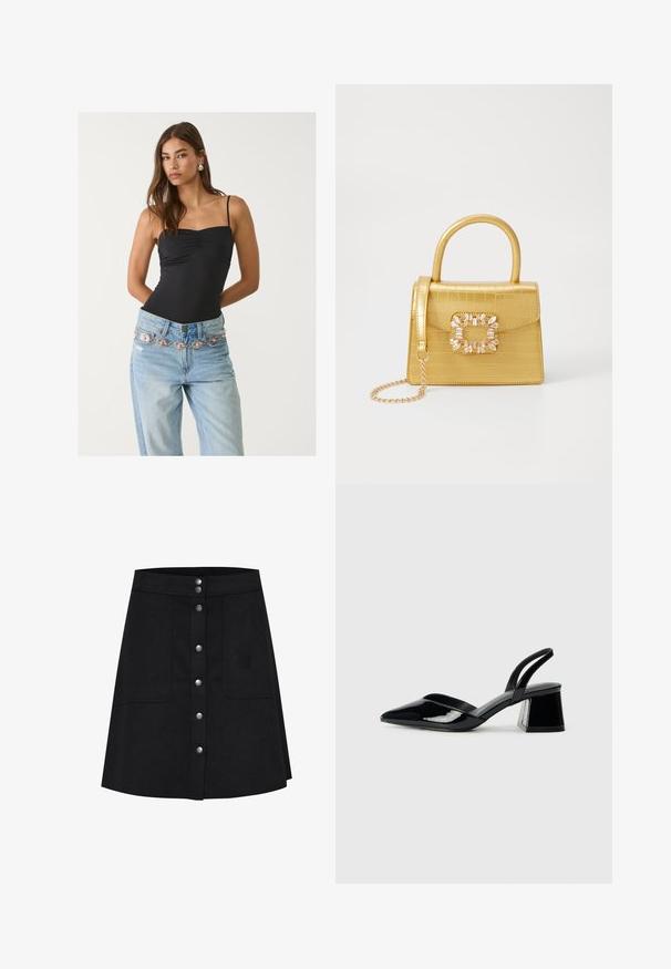 Svart åtsittande bodysuit med fyrkantig nedskärning, ihop med ljusblå jeans som har ett dekorativt silver- och rosa bälte.; Svart A-linjeformad kjol i texturerad tyg, med framknäppning, två sidofickor och knälång fåll.; Svarta lackläder slingback klackar med spetsig tå och geometrisk klack. Har en elegant, minimalistisk design och slät yta.; Gul faux-krokodilhandväska med en strukturerad design, topphandtag, avtagbar kedjesladd och dekorativa kristalldekorationer på klämman.