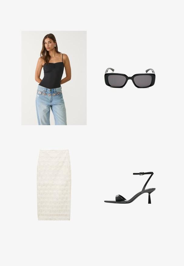 Črn prilagojen bodi s kvadratnim izrezom, v kombinaciji s svetlo modrimi kavbojkami z okrasnim srebrnim in roza pasom.; Bela svilenkaasta krilo z teksturiranim cvetličnim vzorcem, srednje dolžine, z ozkim krojem. Narejeno iz lahkotnega materiala z rahlim leskom.; Bershka Sandali z visoko peto - black; Črne pravokotne sončne očala z temnimi lečami, gladkim plastičnim okvirjem in ukrivljenimi nogicami. Oblika je robustna in minimalistična.