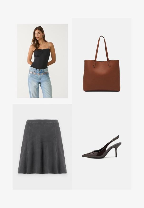 Černý přiléhavý body s čtvercovým výstřihem, kombinovaný s bledě modrými džíny s dekorativním stříbrným a růžovým páskem.; Šedá pletená sukně do áčka má žebrovanou strukturu, přiléhavý pas a rozšířený lem, což nabízí hladkou siluetu a neformální design.; Slingback lodičky na vysokém podpatku z lesklé tmavě hnědé lakované kůže, s špičatou špičkou, otevřenými stranami a nastavitelným páskem kolem kotníku.; Hnědá kožená taška přes rameno s hladkou texturou, otevřeným designem a dvěma ramenními popruhy. Obsahuje minimální švy a žádné viditelné kovové prvky.