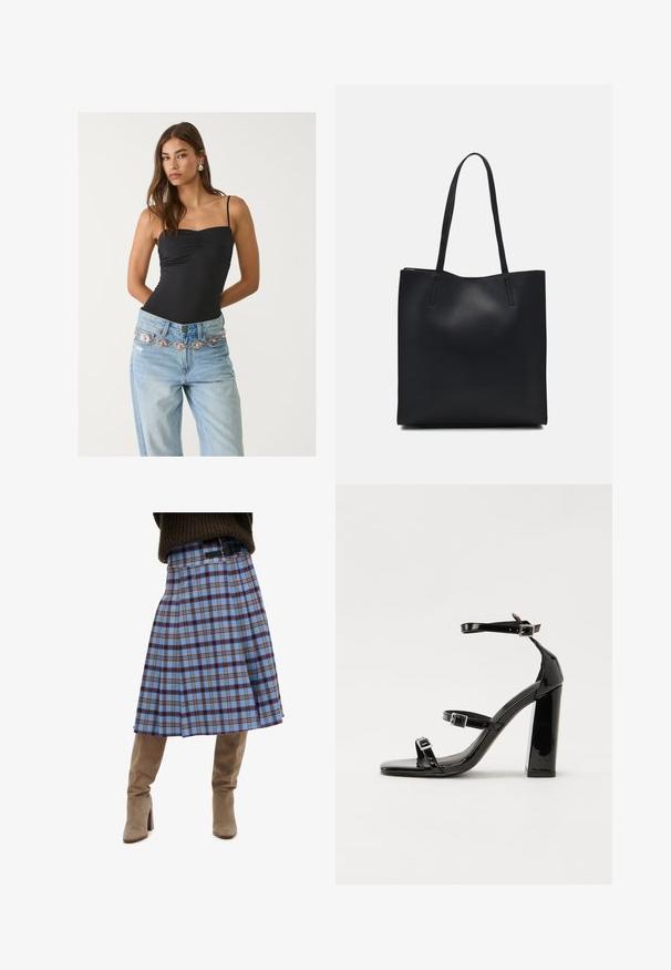 Schwarzer, taillierter Bodysuit mit einem quadratischen Ausschnitt, kombiniert mit hellblauen Jeans, die einen dekorativen silbernen und rosa Gürtel haben.; Grau-blauer karierten Rock mit Falten-Design, verziert mit dunkelbraunen und gelben Akzenten, kombiniert mit beigen Wildlederstiefeln bis zum Knie.; Schwarze Lackleder-Sandalen mit hohen Absätzen, zwei Riemen mit Schnallen, quadratischer Zehenpartie und klobigem Blockabsatz, mit einer glatten, glänzenden Textur.; Schwarze Laptoptasche aus Leder mit glatter Textur, rechteckiger Form und zwei langen Griffen. Keine sichtbaren Beschläge oder Verzierungen.