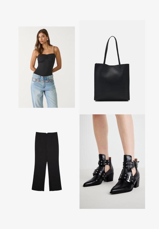Body aderente nero con scollo quadrato, abbinato a jeans azzurri chiari con una cintura decorativa argento e rosa.; Pantaloni neri a gamba dritta, con tasche frontali e spacchi laterali all'orlo. Realizzati in tessuto morbido e liscio. Adatti a diverse occasioni.; Stivali neri in pelle fino alla caviglia con punte appuntite, dotati di occhielli e due cinturini regolabili con fibbie. I tacchi a blocco offrono stabilità.; Borsa tote in pelle nera con texture liscia, forma rettangolare e due manici lunghi. Nessun hardware o decorazione visibile.